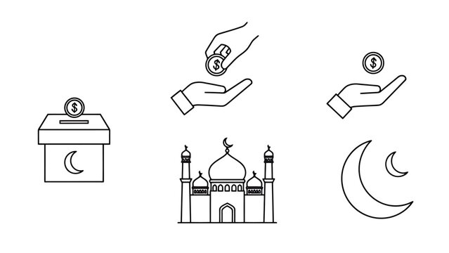 Collection of Islamic Icons Representing Charity Giving Building Faith and Celestial Symbols For Religious Occasions And Spiritual Concepts
