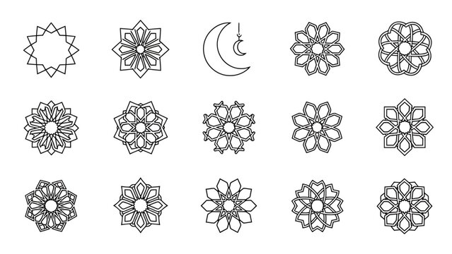 Collection of Islamic Geometric Patterns and Crescent Moon Ornament Digital Art Collection for Decorative Use