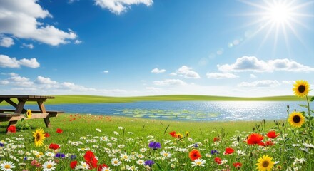 A vibrant meadow with a picnic table and a pond under a clear blue sky with fluffy white clouds.