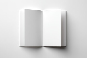 Open, blank, minimalist brochure; white paper with soft shadows, top-down view