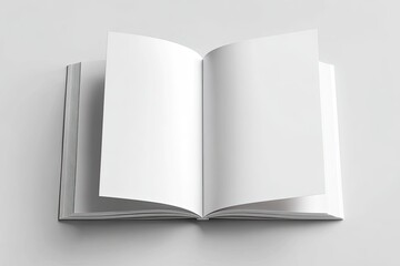 Open book with blank white pages, hardback cover, slightly angled view