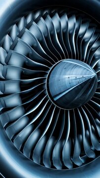 Close-up of a metallic jet engine turbine's complex blades, reflecting cool blue light