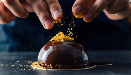 Luxurious chocolate mirror glaze dessert being finished with golden crystals perfect for gourmet restaurant menus, bakery advertising, culinary websites, and high-end food editorials