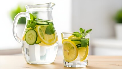 Teko kaca dan gelas berisi air infus dingin dengan irisan timun segar, lemon, dan daun mint di atas meja kayu yang terang