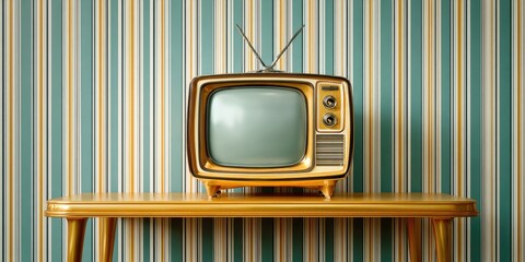 Retro yellow TV on table against striped teal/cream wallpaper