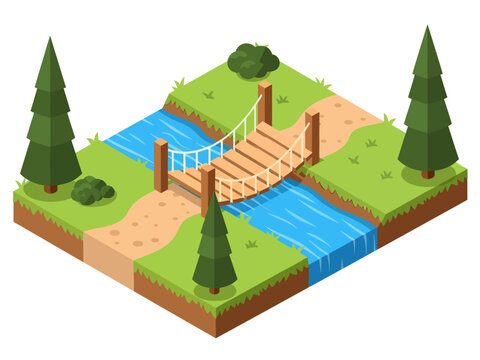 This peaceful isometric scene features a wooden suspension bridge spanning a blue river, connecting sandy paths flanked by green pine trees and bushes on a detailed, floating square block of terrain