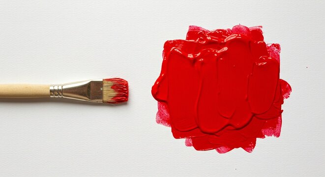 Close-up shot showcasing a paintbrush with red paint next to a vibrant red stroke on white paper.