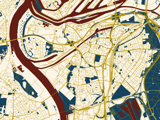 Obraz premium Minimalist map of Duisburg, Germany, gold street network with deep red water