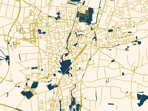 Flat city map of Erding, Germany in gold street network with deep red water