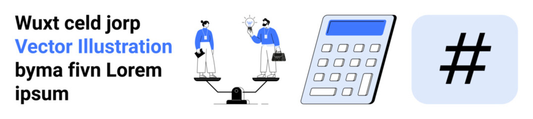 Obraz premium Scales with people representing balance, a calculator for analysis, and a metadata tag icon symbolizing trends. Ideal for business, finance, equality, decision-making, analytics, social media simple