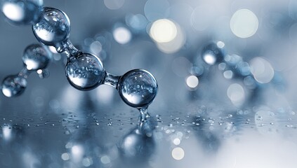 Aqueous structure glistening droplets form linked chain against soft backdrop