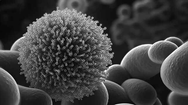 A microscopic view of a virus surrounded by cells in a biological environment