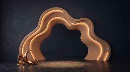 Elegant contemporary wooden archway with integrated warm led lighting creating a dramatic focal point against a dark textured studio backdrop illuminated by soft spotlights