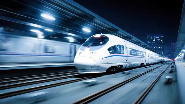 High-speed train passing platform at night station