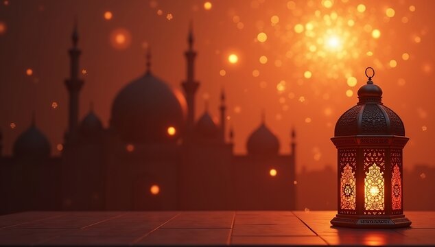 Ramadan Lantern with Mosque Silhouette and Festive Lights.