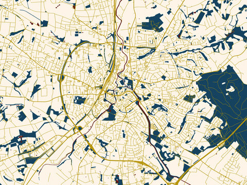 Poster-style map of Herford, Germany using gold street network with deep red water