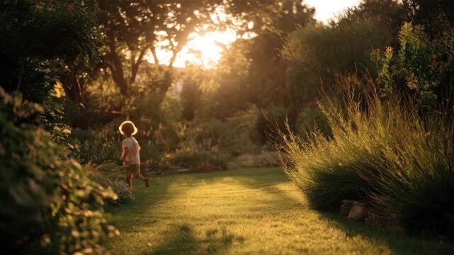 Child walking barefoot through sunlit garden path