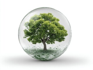 Tree contained within transparent sphere with green ground
