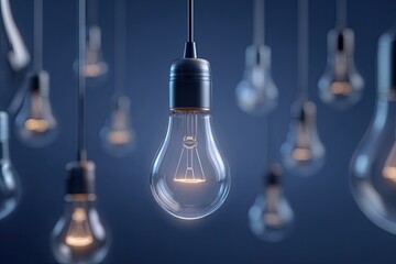 Hanging lightbulbs with a central illuminated bulb against a soft, blue background