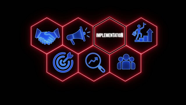 Blue business in red hexagons on black background implementation