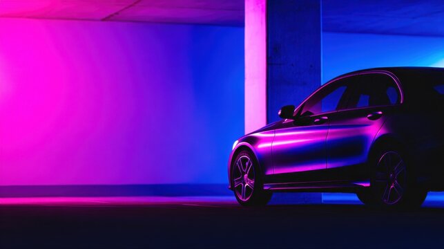 A sleek car sits in a neon-lit garage bathed in pink and blue light, reflecting off the glossy floor. neon hue