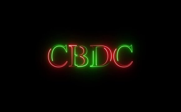 Neon CBDC text icon pulses with electric glow, letters flickering and morphing smoothly, cyber-finance aesthetic, dark background, futuristic motion, clean loop, seamless high-tech luminous rhythm.
