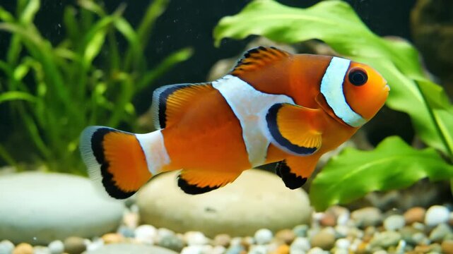Clownfish in Aquarium - A vibrant orange and white clownfish swims in an aquarium. Green plants and rounded rocks decorate the background.