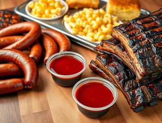 Hearty barbecue feast with ribs sausages macaroni and cornbread
