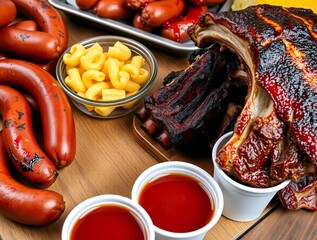 Delicious barbecue feast with ribs sausages macaroni and sauce