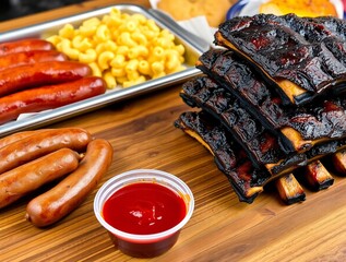 Delicious bbq ribs and sausages with mac and cheese and ketchup
