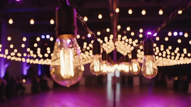 Decorative Lighting at an Event Venue - This video showcases vintage-style Edison bulbs hanging at an event, providing soft lighting and ambiance.
