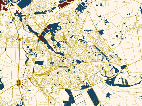 Abstract city map of Paderborn, Germany with cream map with gold lines