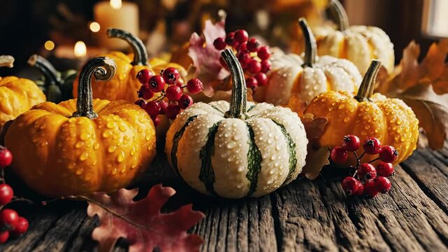Rustic Autumn Still Life with Pumpkins - This video shows a variety of miniature pumpkins and gourds with water droplets on a rustic wooden surface.