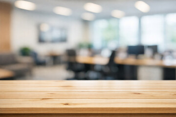 wooden top tabl with blurry background open space office area