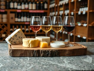 Wine tasting with cheese board and assorted cheeses in a cellar