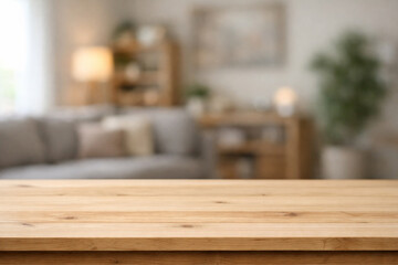 wooden top table with blurry backgorund living room space area interior