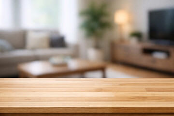 wooden top table with blurry backgorund living room space area interior
