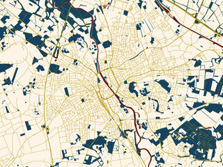 Flat city map of Rheine, Germany &mdash; cream-toned city field with gold linework streets and deep red waterways for strong contrast