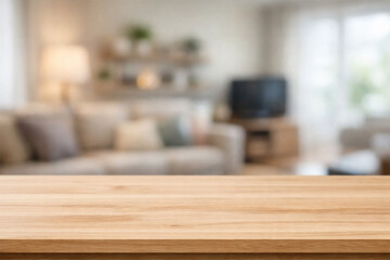 wooden top table with blurry backgorund living room space area interior