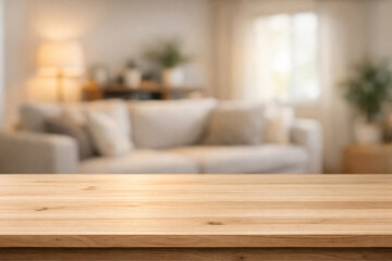 wooden top table with blurry backgorund living room space area interior