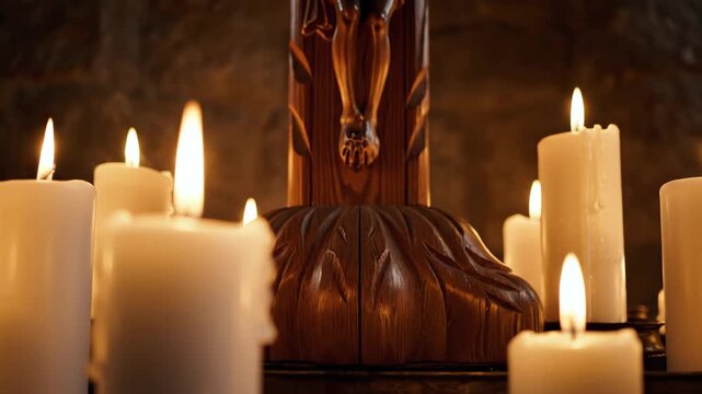 Candles and Crucifix - Close-up of several white candles burning with a wooden crucifix with the feet of Jesus at the center.