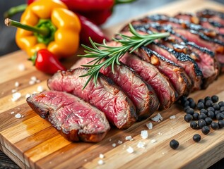 Juicy sliced steak with fresh rosemary and bell peppers on wooden board