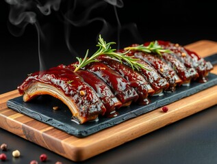 Delicious bbq pork ribs glazed with sauce and garnished with rosemary