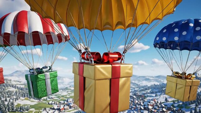 Gifts with parachutes over winter landscape.