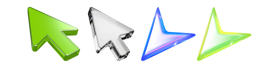 Naklejka premium dynamic 3d mouse pointer and cursor icons in various styles, including glossy green, clear, and glowing effects.