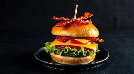 Delicious bacon cheeseburger stacked high with fresh lettuce and onion