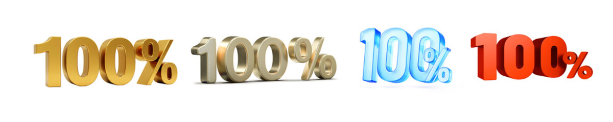 four distinct 3d renders of '100%' in gold, silver, glowing blue, and vibrant red, for impactful digital media displays.