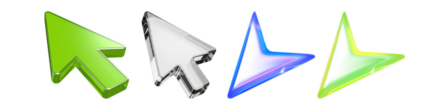 dynamic 3d mouse pointer and cursor icons in various styles, including glossy green, clear, and glowing effects.