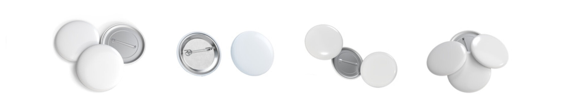 set of blank white 3d rendered circular metal pins and badges, ideal for customization, branding, and promotional design mockups.