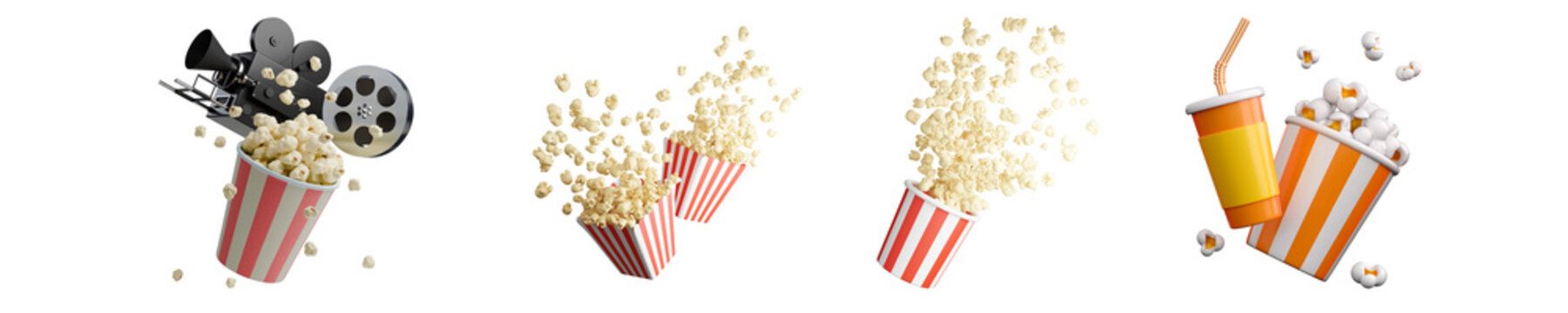 collection of 3d rendered popcorn in classic striped buckets and cups, some flying, symbolizing cinema, movies, and entertainment.